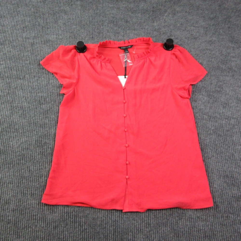 41 HAWTHORN Blouse Womens L Coral Pink V-Neck Puff Sleeve Chiffon Button Up NWT
